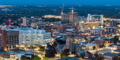 aerial dusk view of Oshawa downtown
