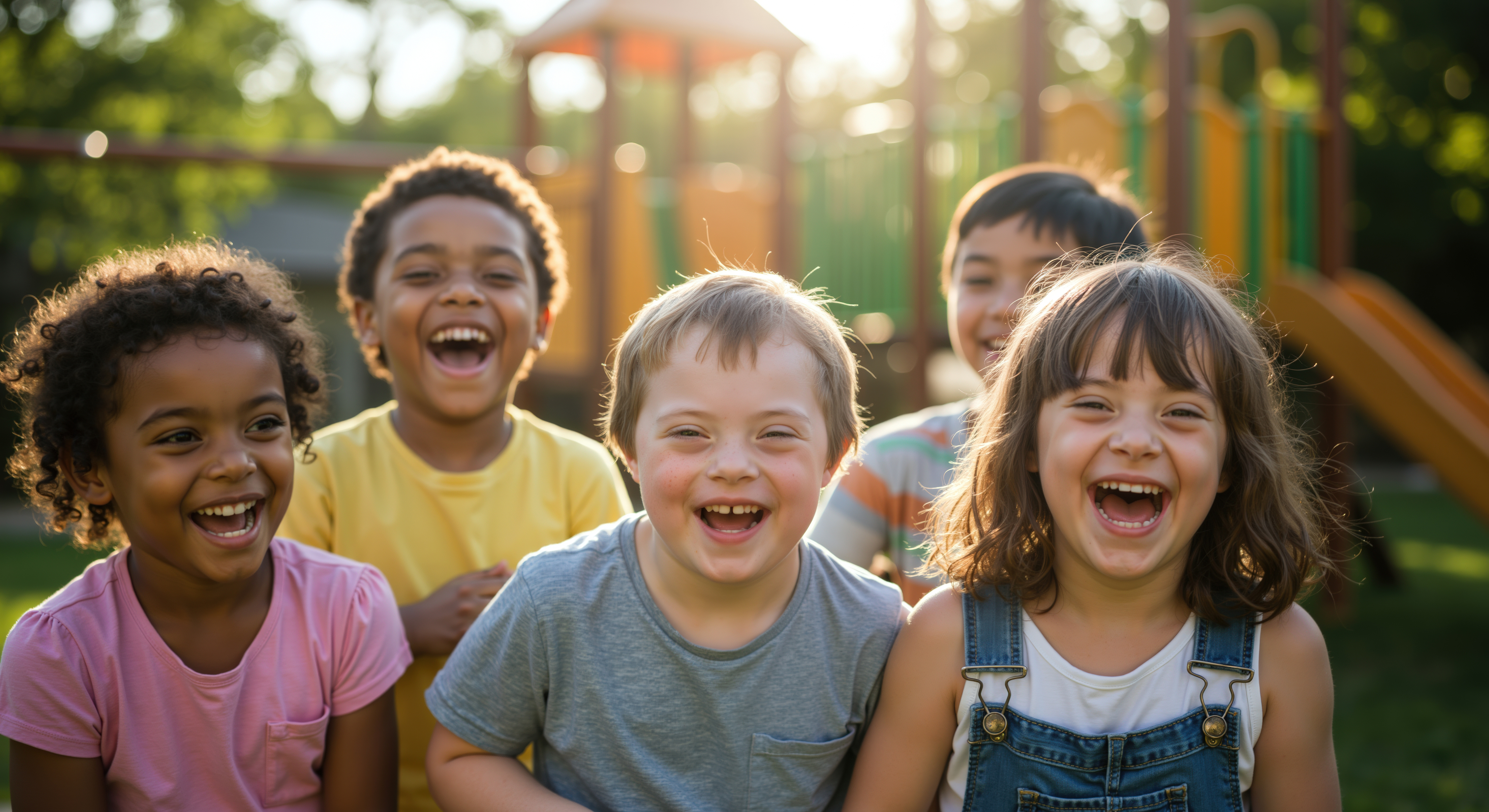 Children smiling outside in front of playground equipment