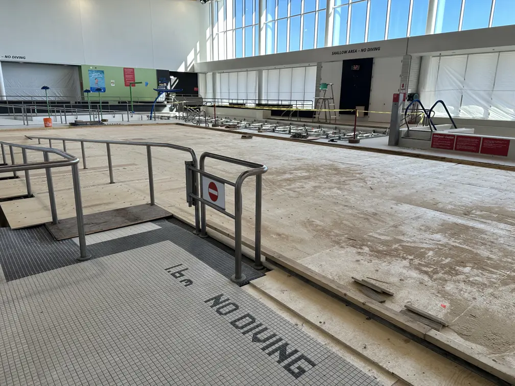 South Oshawa Community Centre Pool with scaffolding in the pool tank