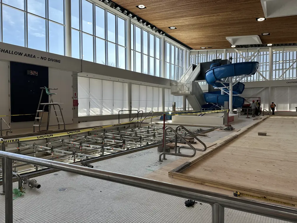 Scaffolding covers South Oshawa Community Centre Pool