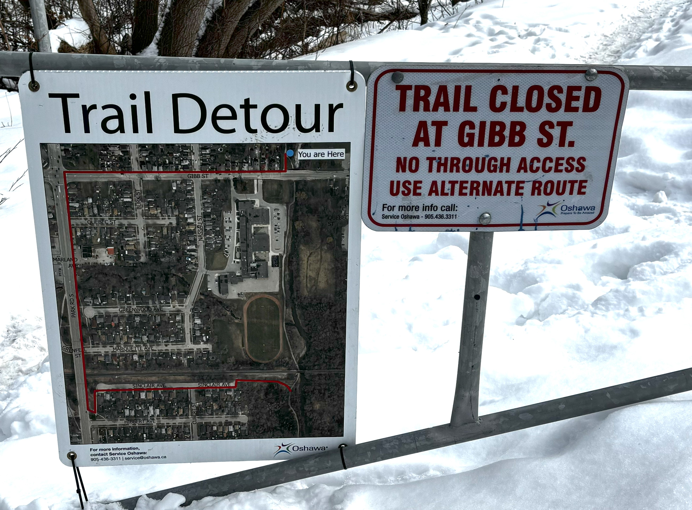 Trail Detour signs at Joseph Kolodzie Oshawa Creek Bike Path