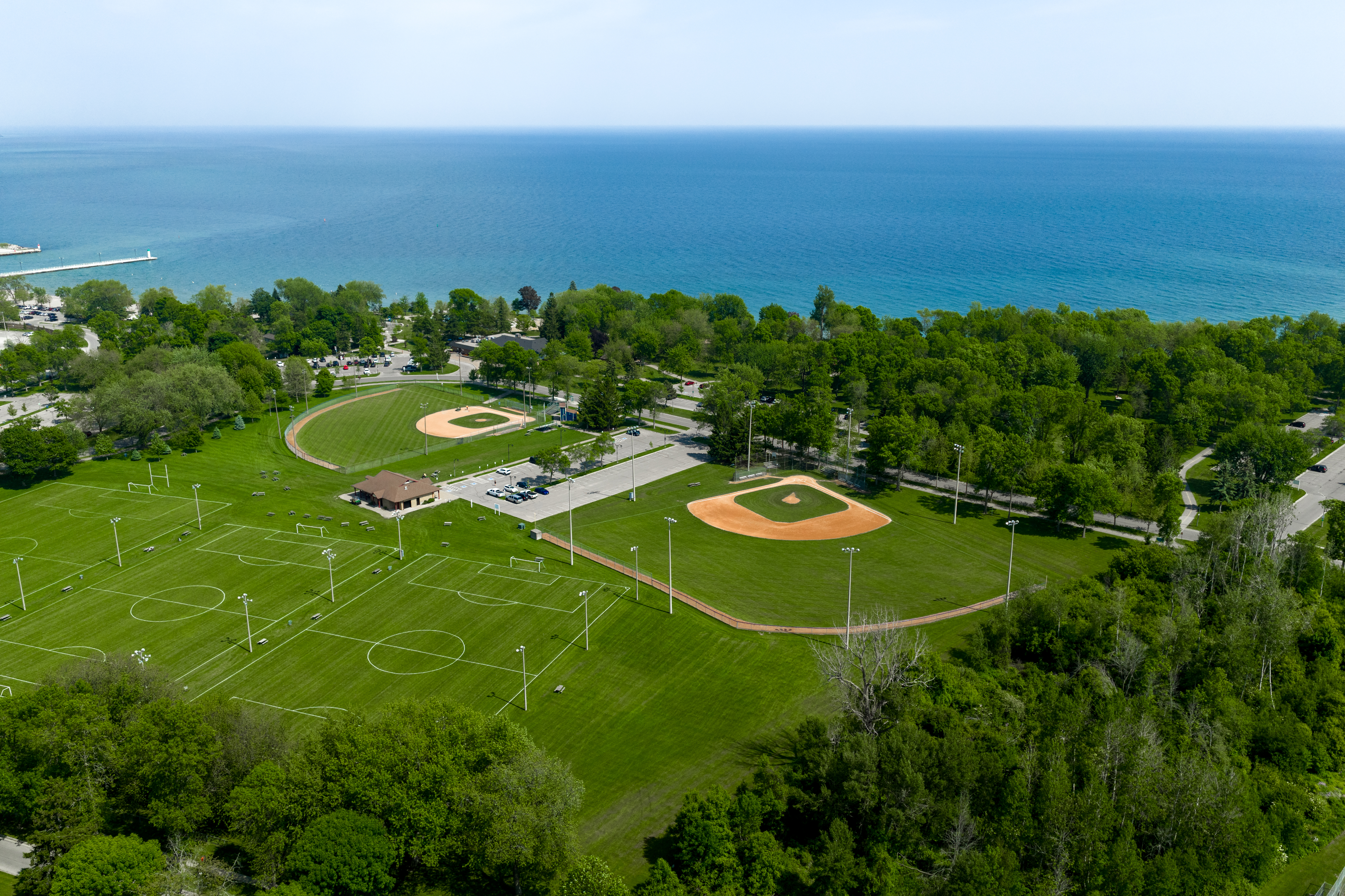 Aerial of soccer and baseball fields at Lakeview park
