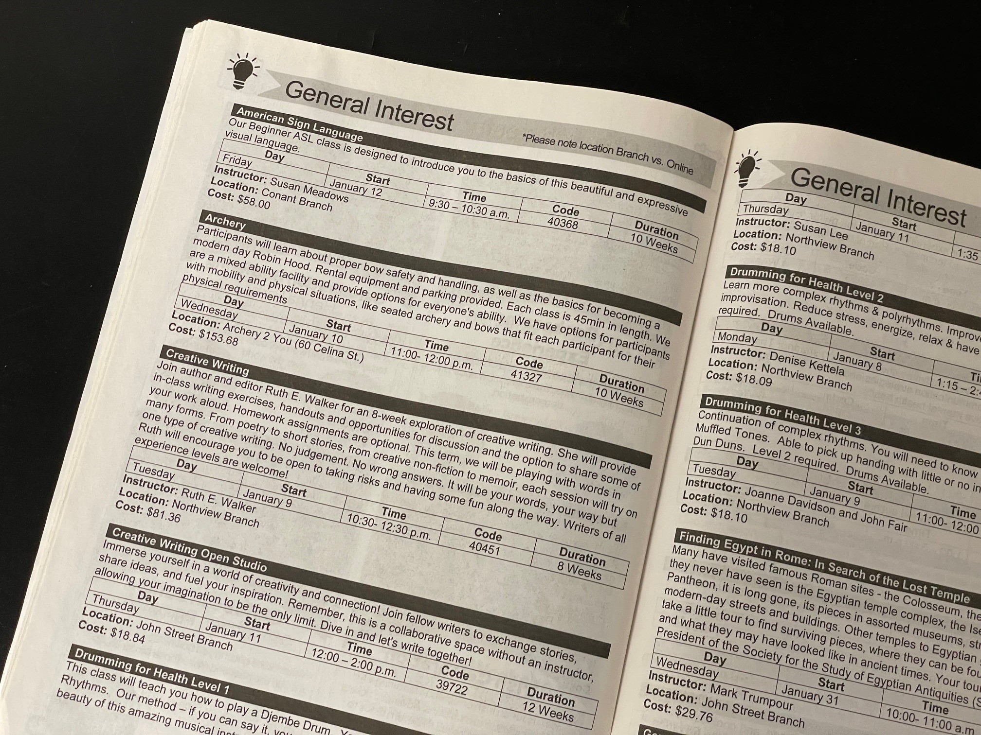 Activity guide courses in general interest section